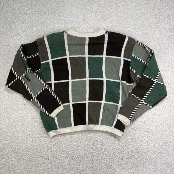 Vtg Knit Cardigan Sweater Sz M Green Check Cottage Grandma 90s Mixed Print - Picture 6 of 9